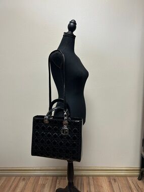 LARGE LADY Dior Black Patent Quilted Satchel with Shoulder Strap